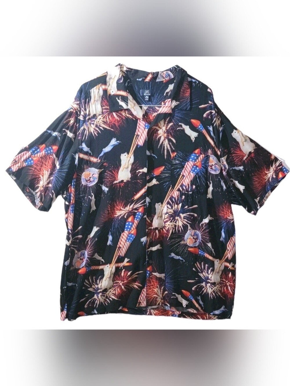 George Big Mens 2XL Cats Fireworks Kitschy Button Rayon Shirt July 4th Flag USA